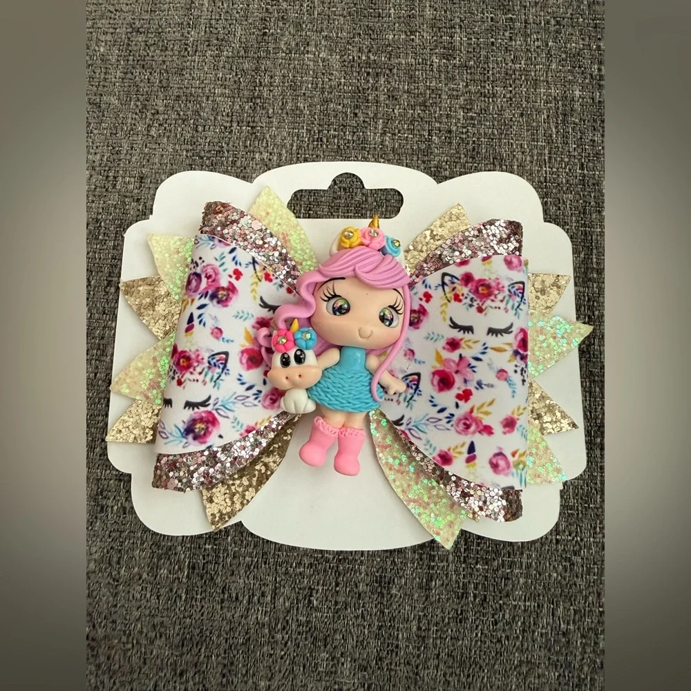 Floral Glitter Hair Bow with Doll Accent